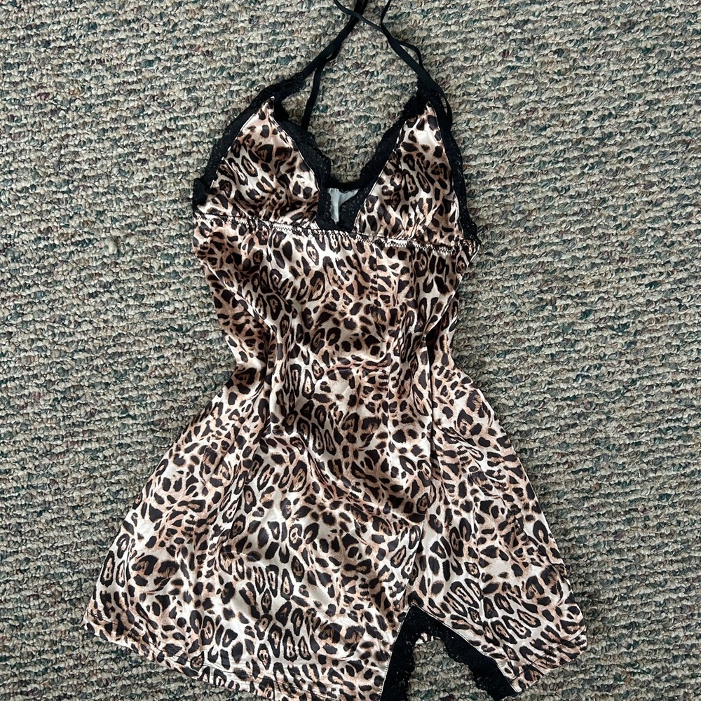 Forever 21 Leopard Print Satin Slip Dress with Black Lace Trim